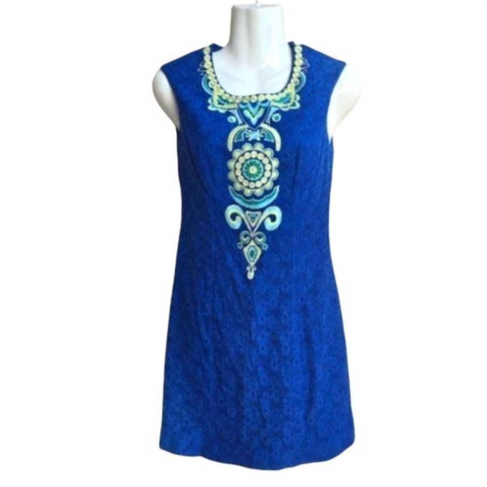 Lilly Pulitzer Blue Lace Embroidered Shift Dress Size 00 Sleeveless‎ Medallion